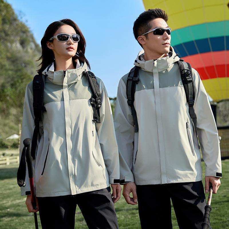 官方正品秋冬薄款冲锋衣可印LOGO单层连帽拼色户外男女款团体服工