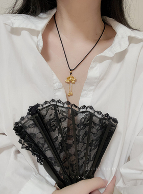 荷花福袋黑绳复古毛衣链