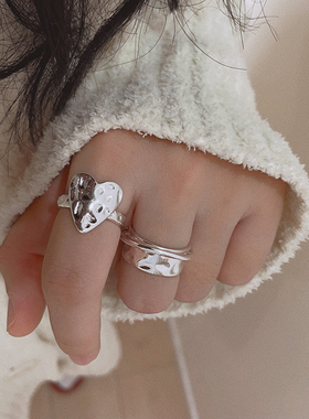 几何爱心锤纹宽边开口指环