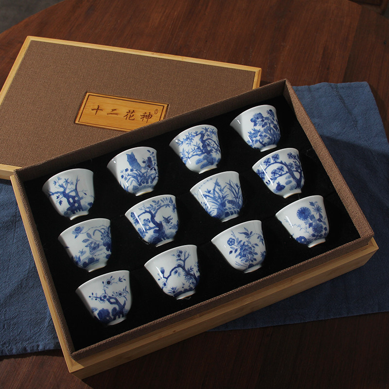 景德镇复仿古清康熙手绘青花十二花神杯一套茶杯品茗杯古玩陶瓷器