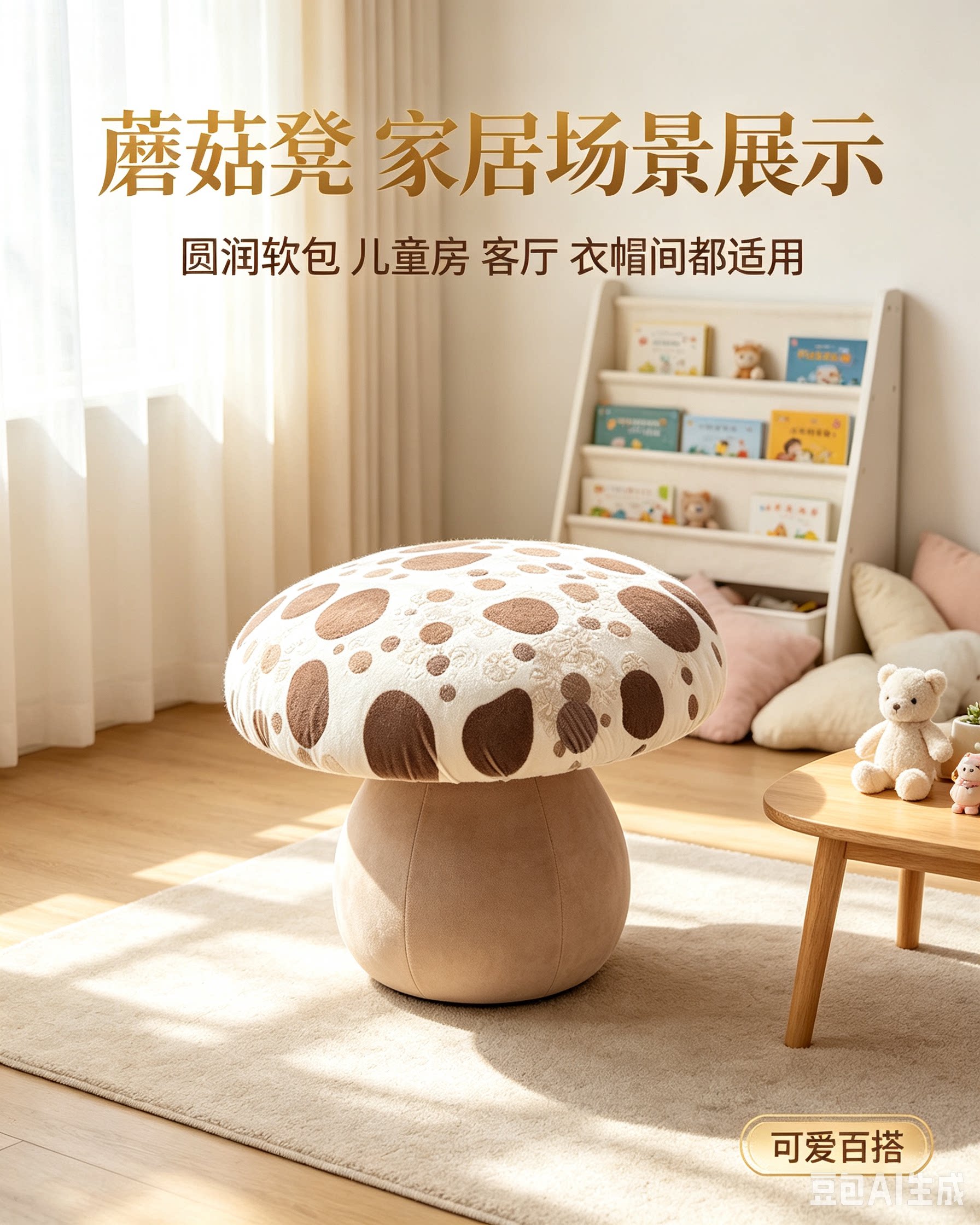 网红蘑菇实木矮凳 多花色布艺换鞋凳现代简约轻奢妆凳 可定制尺寸