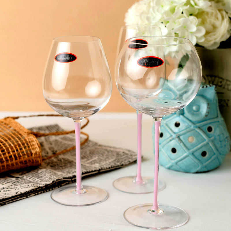 粉杆红酒杯水晶玻璃高脚杯粉色雷司令蒙哈榭杯黑底白葡萄酒杯少女