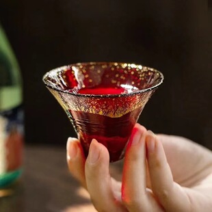 日式金箔玻璃清酒杯锥形酒杯品酒小盏富士山招福杯日料果酒杯高档