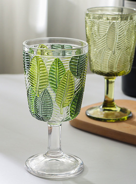 清新玻璃杯叶子浮雕高脚杯vin复古绿色红酒杯子饮料杯葡萄酒杯
