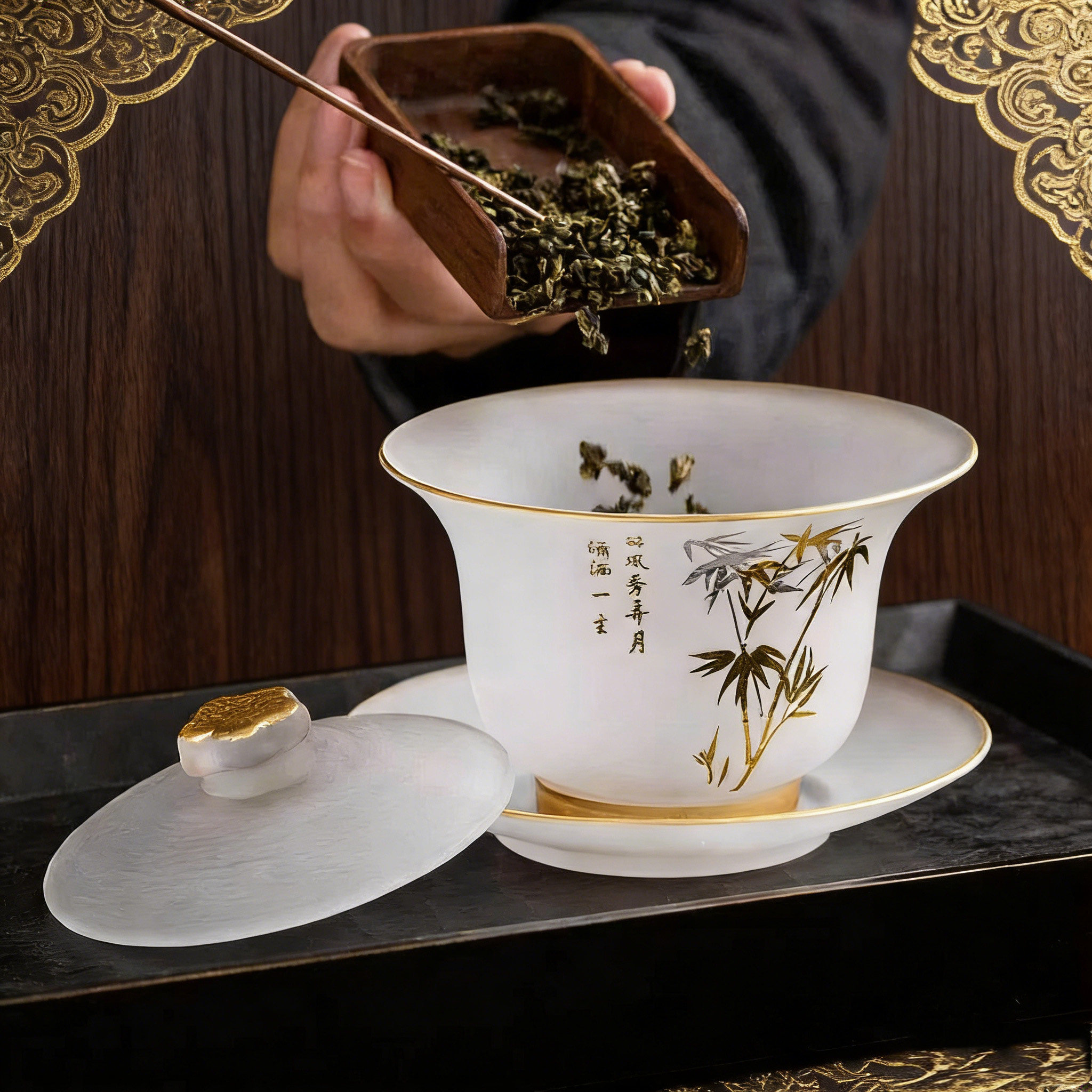 高档描金盖碗三才碗梅兰竹加厚玻璃泡茶杯冲茶碗茶舍敬茶器泡茶碗