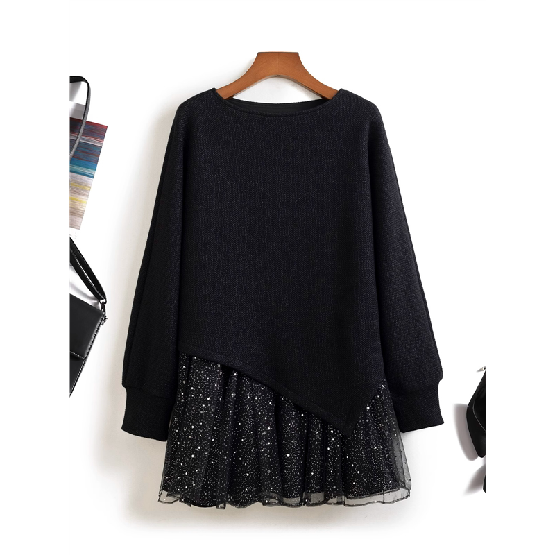 大码女装时尚亮片网纱拼接假两件中长款上衣设计感百搭短款连衣裙