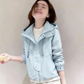 宽松显瘦风衣潮 短款 韩国时尚 蓝色设计感连帽冲锋衣外套女春秋新款