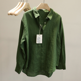 宽松气质通勤百搭长袖 新款 衬衣 2025秋季 高级感文艺风绿色亚麻衬衫
