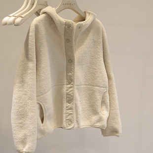 韩国秋冬新款纯色羊羔毛连帽外套女宽松休闲加绒加厚保暖卫衣开衫