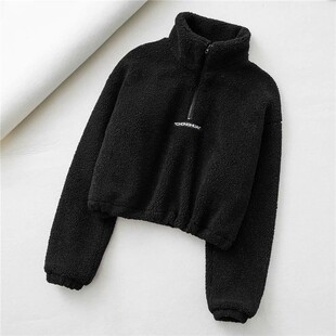 韩国灰色羊羔毛外套女小个子短款秋冬立领抽绳韩版加绒加厚卫衣潮