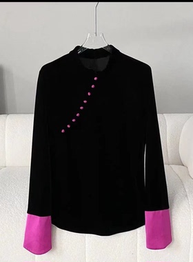 高端斜襟轻奢黑色丝绒国风中式小众盘扣上衣修身洋气衬衫外套女秋