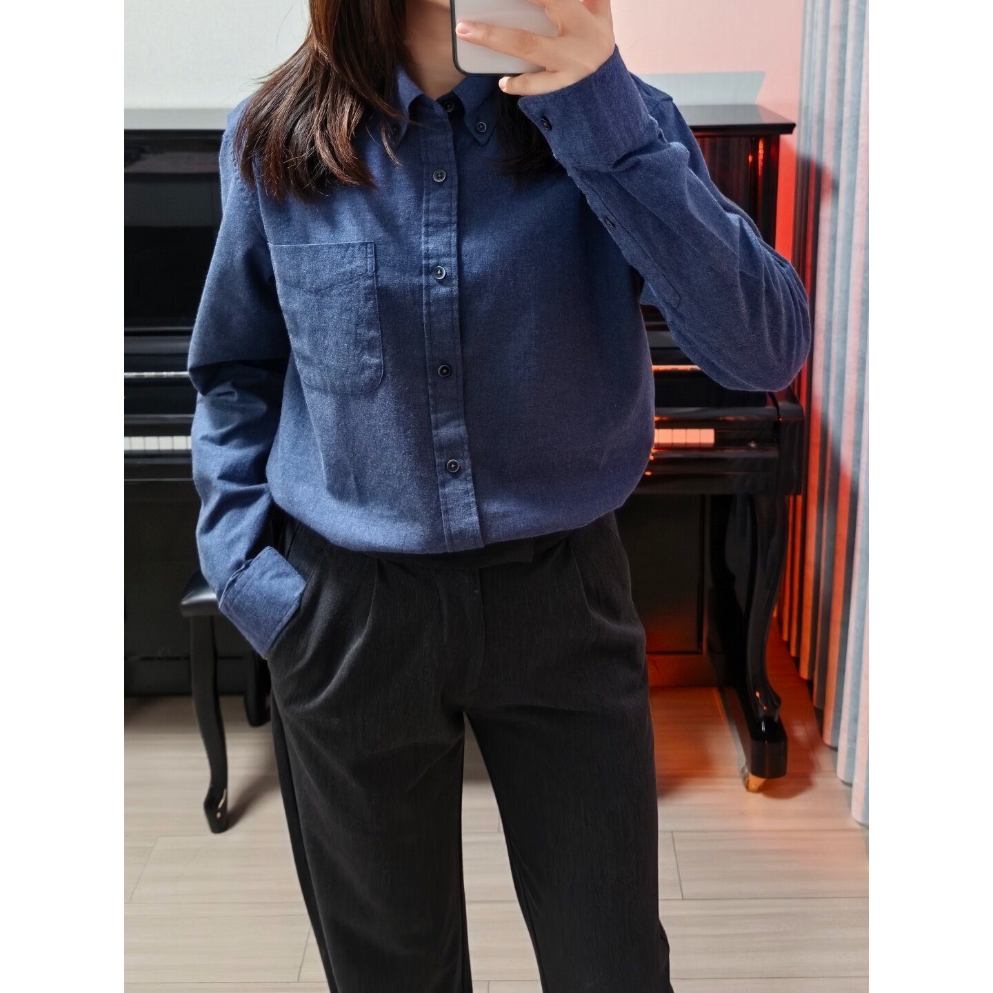 韩国职场气质简约时尚口袋蓝色衬衫女士春秋新款休闲通勤棉质衬衣