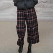 韩国格纹毛呢卷边九分裤 休闲直筒阔腿裤 女士秋冬新款 复古减龄个性