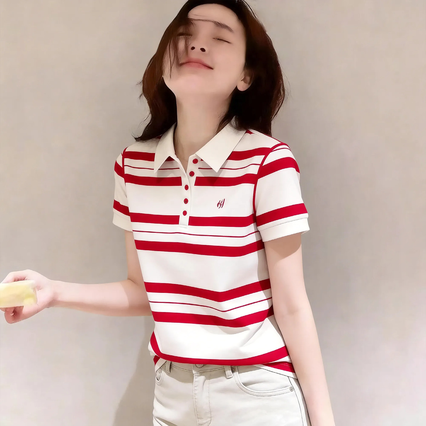 韩国设计感红色条纹短袖T恤女夏新款超好看宽松时尚POLO领上衣潮