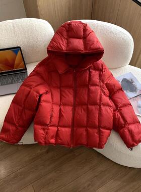 韩国连帽短款宽松大版红色过年羽绒服女小个子方块白鸭绒冬季外套