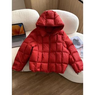 韩国连帽短款宽松大版红色过年羽绒服女小个子方块白鸭绒冬季外套
