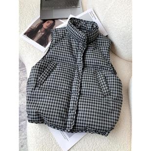韩国黑白格子羽绒服马甲女无袖拉炼马夹短款冬季外穿小个子白鸭绒