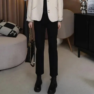 韩国七分八分九分烟管裤加绒加厚直筒牛仔裤女小个子显瘦小黑裤冬