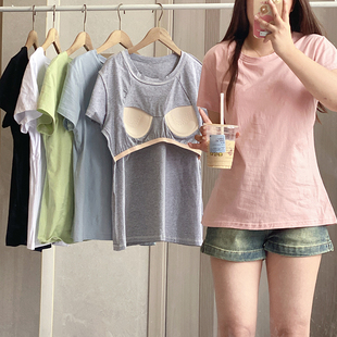 纯棉睡衣单上衣女夏季带胸垫短袖纯色瑜伽T恤宽松休闲外穿家居服