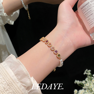 李大爷的店 重工轻奢七彩方糖施家珍珠金球手链高级感叠戴手串女