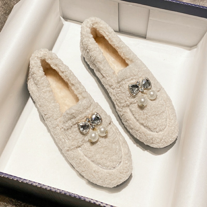 潮牌2024冬新款厚底毛毛鞋女外穿百搭羊羔毛豆豆鞋加绒水钻棉瓢鞋