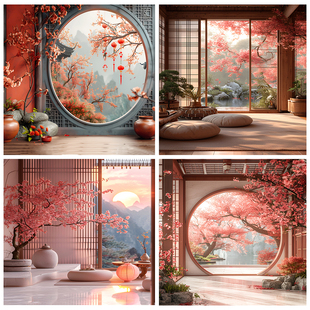 中式古风背景布古装汉服直播间装饰背景布3D立体直播国风背景布