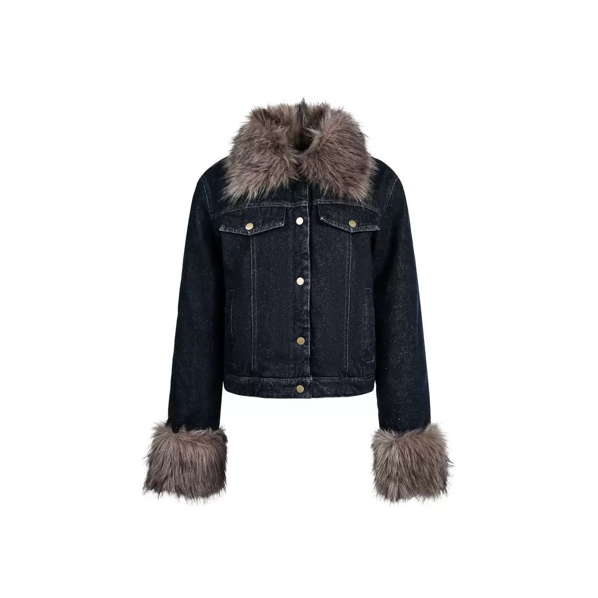 LINKA2025秋冬新款黑色牛仔毛毛外套显瘦环保皮草加厚短款上衣女