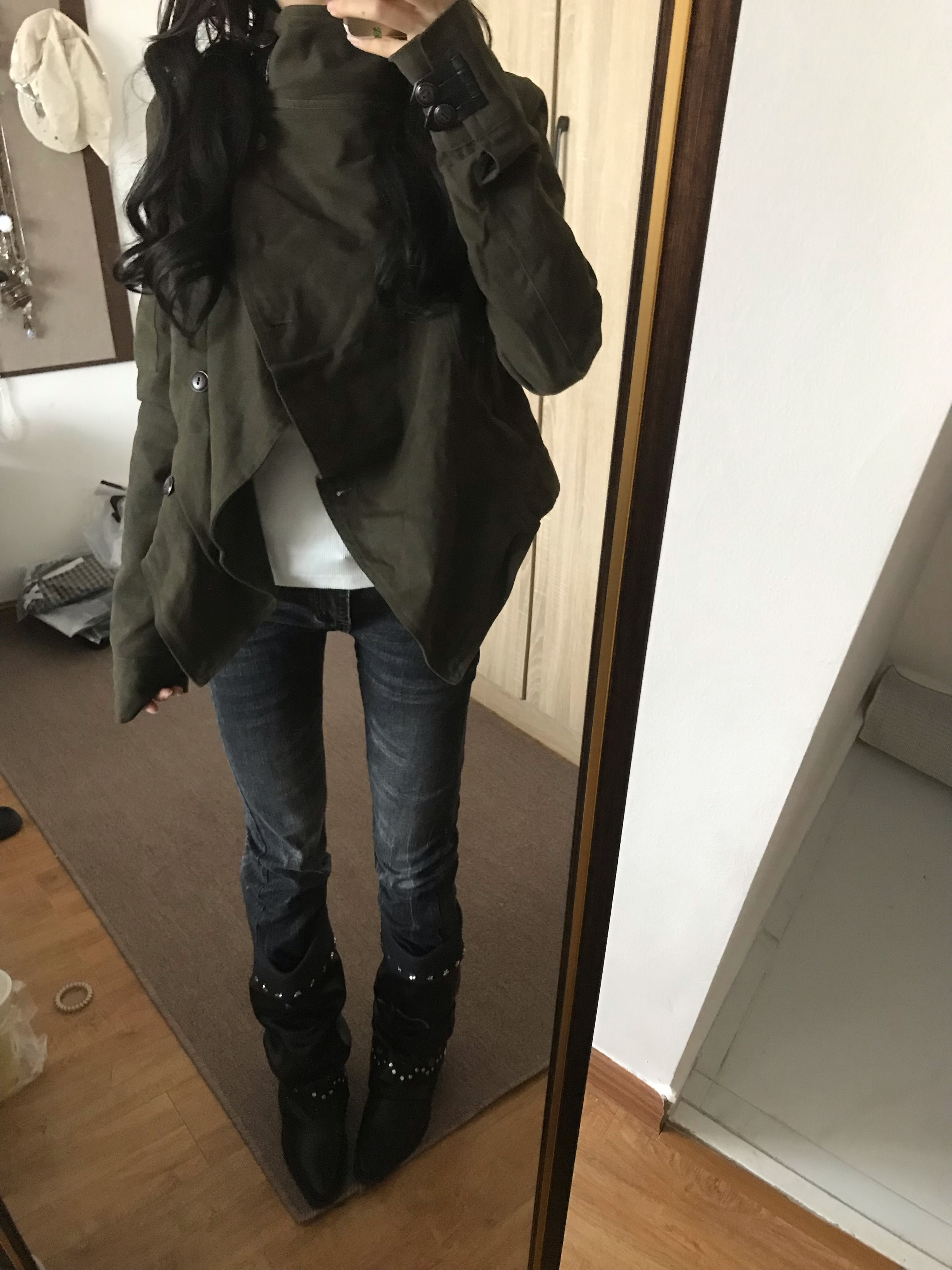 LINKAUUU美式复古不规则设计纽扣牛仔外套女秋冬修身百搭夹克上衣