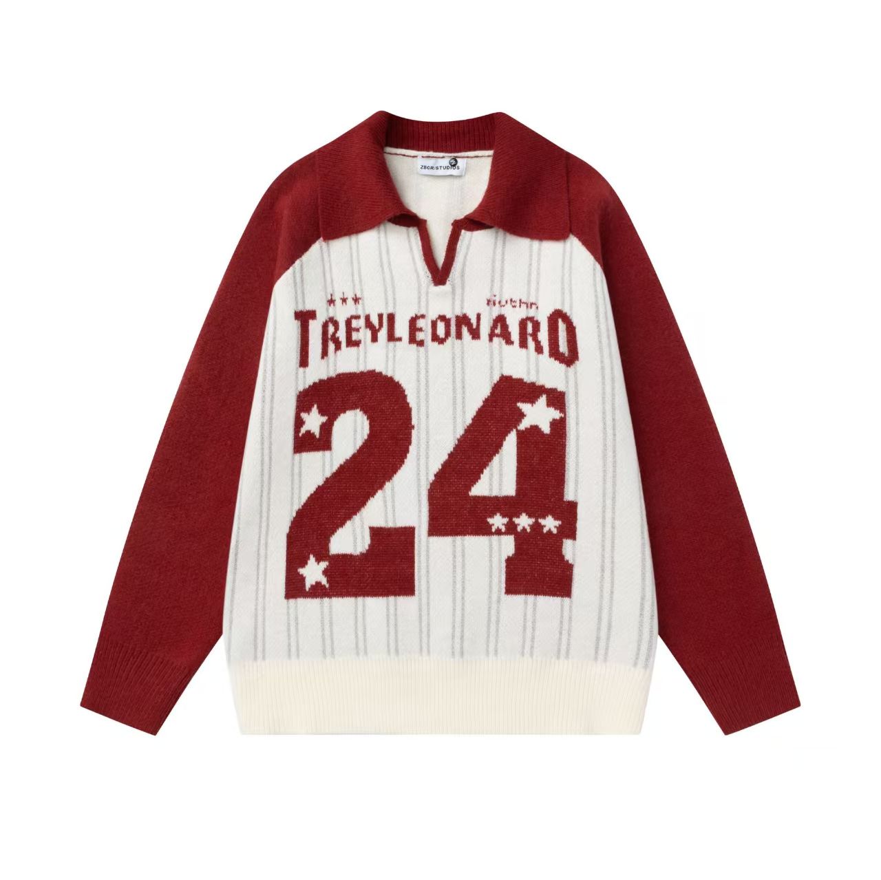 chaonime复古数字提花撞色翻领针织衫男女秋冬宽松休闲插肩袖毛衣