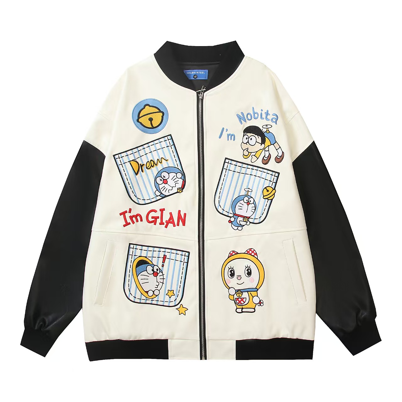 chaonimei卡通潮牌哆啦A梦贴布刺绣大码皮衣外套女宽松学院夹克男