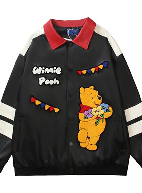 chaonime美式潮牌卡通小熊刺绣翻领皮衣夹克男宽松慵懒风情侣外套