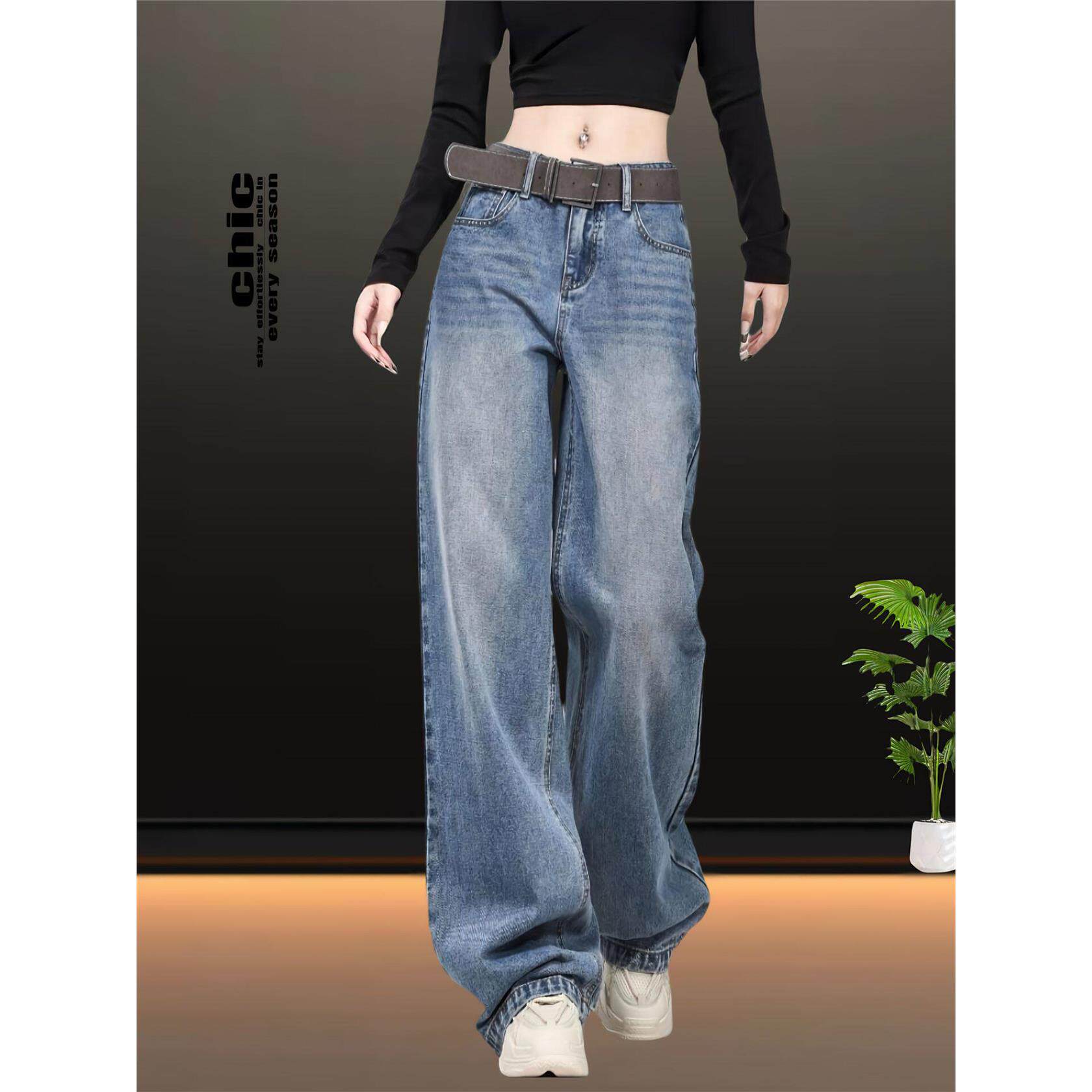 覆古阔腿牛仔裤女夏季新款大码胖mm宽松显瘦小个子窄版直筒休闲裤