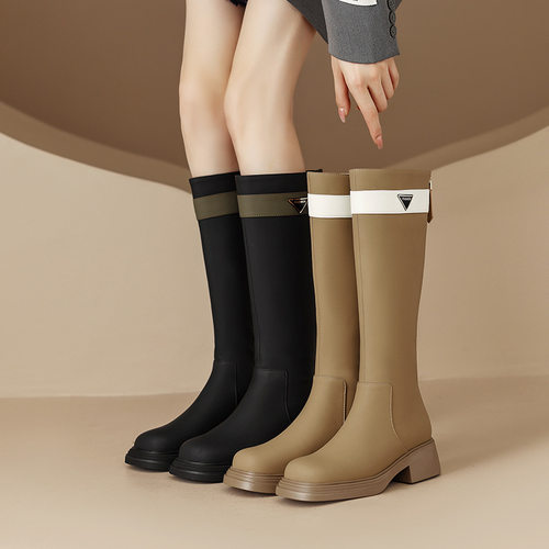 2023年新款秋冬季长筒靴女高筒粗跟显瘦骑士靴女小个子不过膝长靴