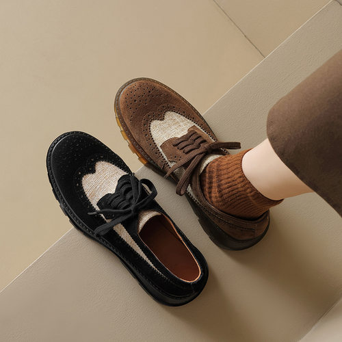 2025真皮圆头拼色布洛克系带小皮鞋女春秋复古百搭通勤厚底单鞋女