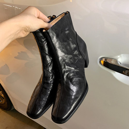 高级感~羊皮法式黑色粗跟高跟短靴女2023新款春秋单靴棕色瘦瘦靴