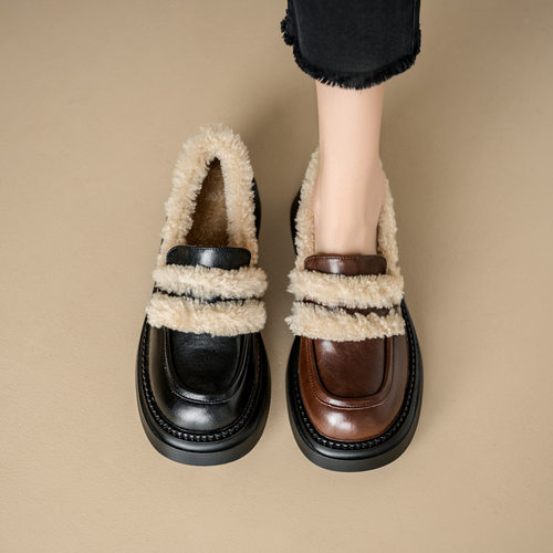 成都手工加绒乐福鞋女2024新款冬季英伦小皮鞋厚底棉鞋雪地靴加厚