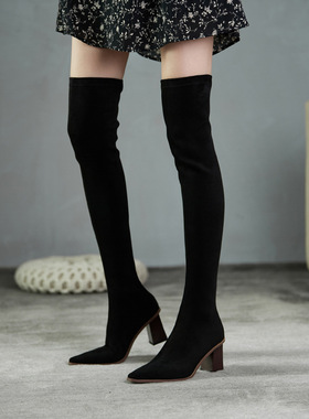 YCF 巨瘦腿！过膝弹力靴女春秋薄款单靴百搭显瘦尖头粗跟高跟长靴