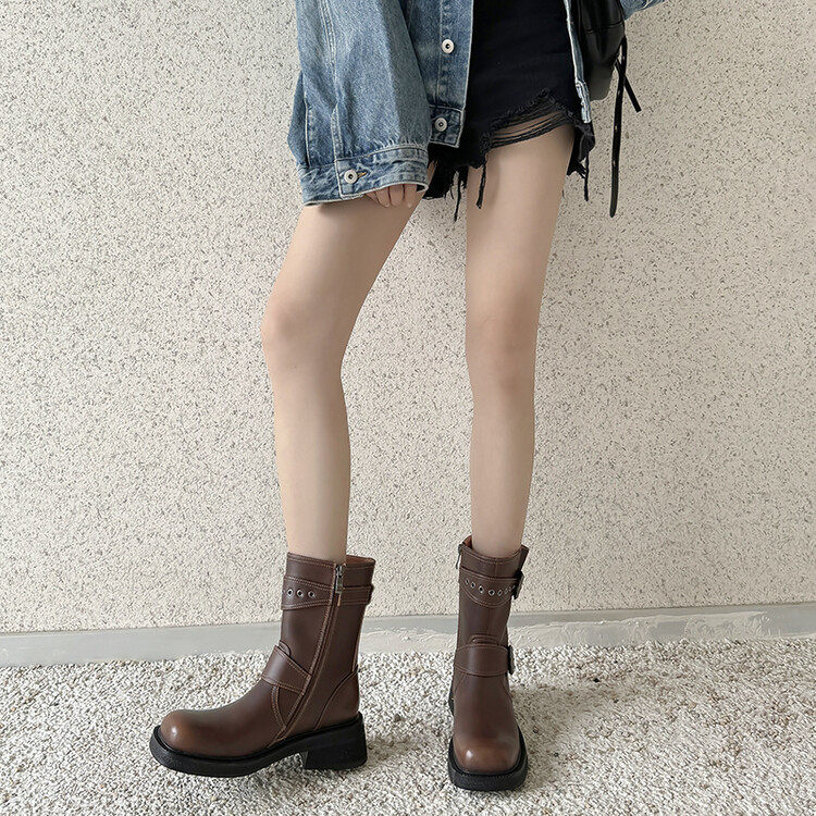 复古美拉德骑士靴女2024新款擦色辣妹金属扣西部牛仔靴增高短筒靴,运动鞋new,跑步鞋,淘宝优惠券,粉丝福利购,淘宝优惠卷