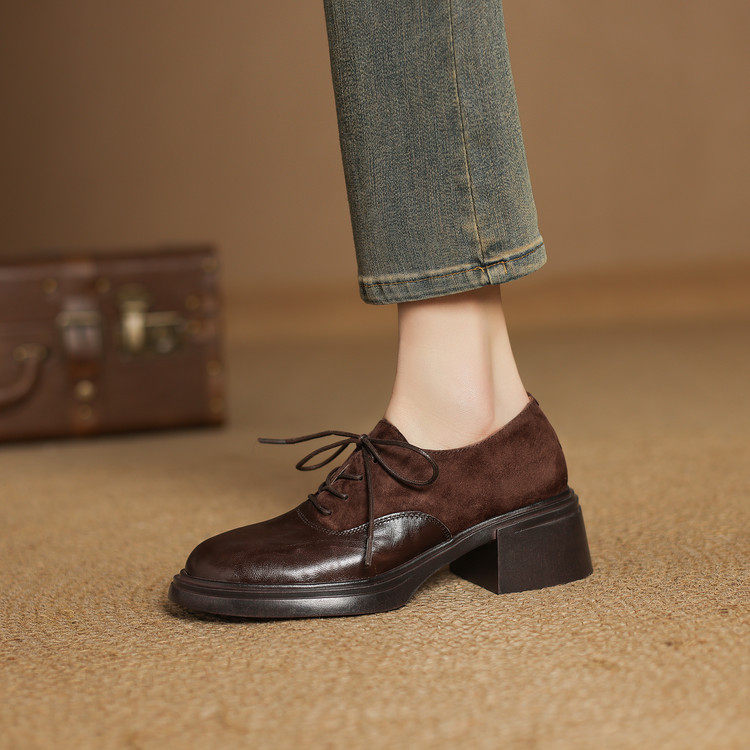 拼接深口单鞋女中跟春季新款系带磨砂皮真皮圆头复古粗跟女小皮鞋,居家布艺,居家婚庆拖鞋,淘宝优惠券,粉丝福利购,淘宝优惠卷