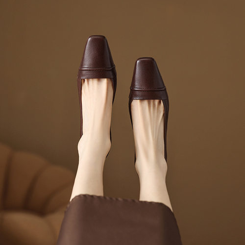 玥莱雅~法式复古单鞋2023春秋浅口粗跟高跟鞋女真皮通勤工作女鞋