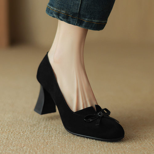 2024新款蝴蝶结真皮浅口单鞋女法式复古气质圆头粗跟通勤高跟鞋女