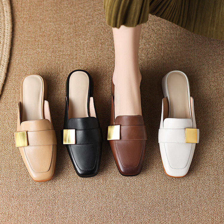 法式复古金属扣拖鞋2023新夏季外穿包头穆勒鞋粗跟方头真皮凉鞋女,户外/登山/野营/旅行用品,登山鞋/徒步鞋,淘宝优惠券,粉丝福利购,淘宝优惠卷