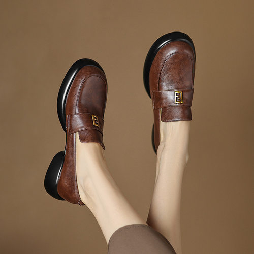 乐福鞋女软底复古2024春秋季新款圆头中跟平底真皮厚底深口单鞋女