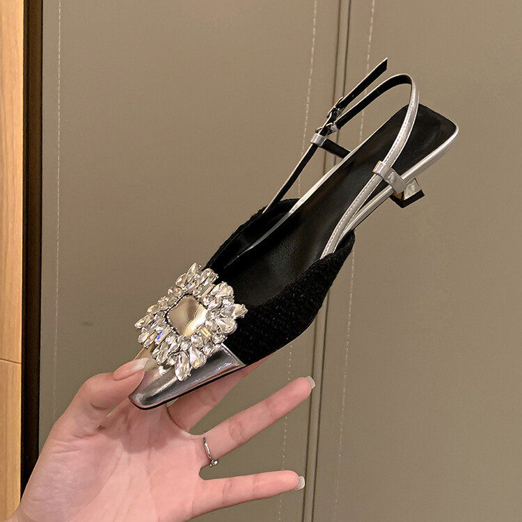 韩版小香风电镀细跟水钻方扣搭扣包头后空凉鞋拼色低跟鞋猫跟鞋潮,运动鞋new,跑步鞋,淘宝优惠券,粉丝福利购,淘宝优惠卷