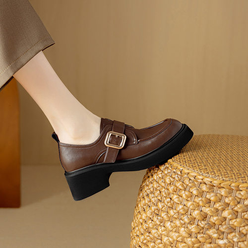 英伦风厚底小皮鞋女真皮圆头懒人单鞋2025新款春季百搭高跟松糕鞋