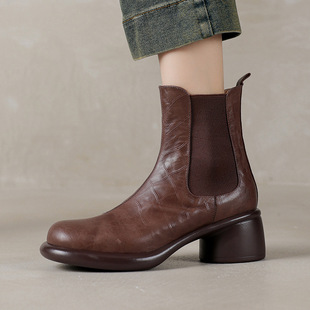 洋气小短靴女春秋单靴圆头中跟粗跟真皮厚底松紧带33码40切尔西靴