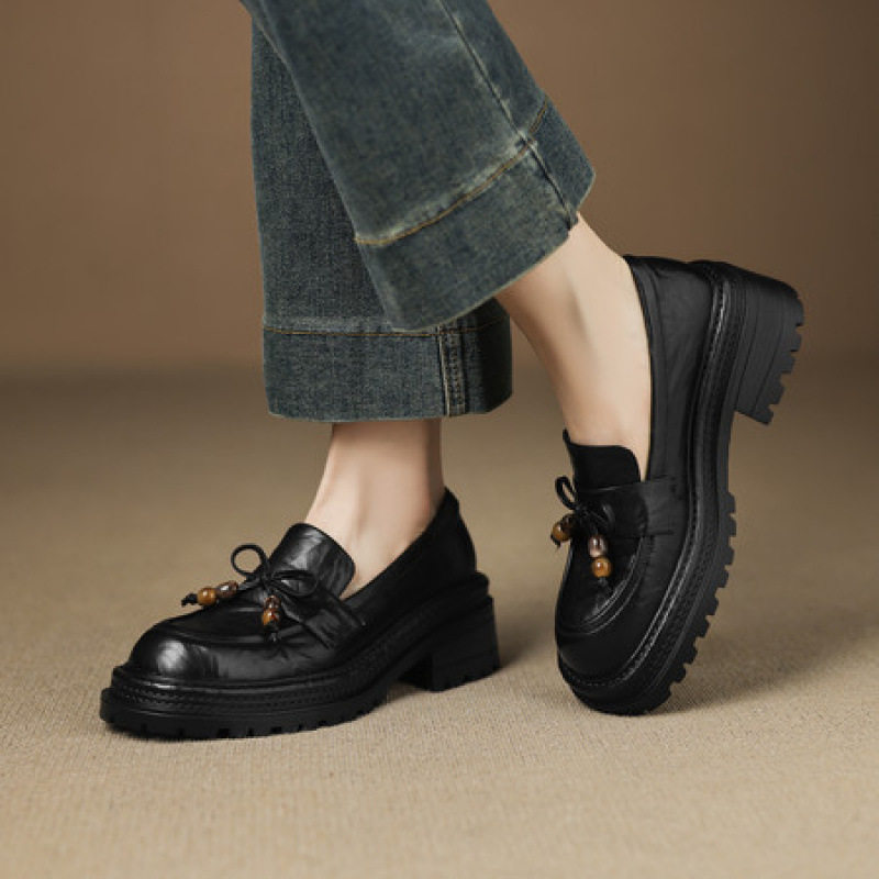 复古圆头厚底小皮鞋女小个子增高蝴蝶结中跟单鞋软牛皮深口乐福,运动鞋new,跑步鞋,淘宝优惠券,粉丝福利购,淘宝优惠卷