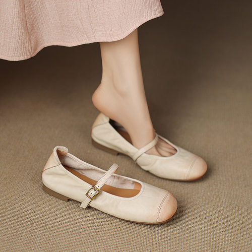 非侈Feichi 真皮擦色圆头一字扣带玛丽珍鞋女法式复古平底单鞋