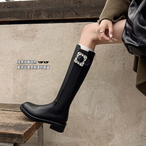 真皮水钻扣平底胖mm粗腿大筒围长筒靴女骑士靴平口烟筒靴大码4142