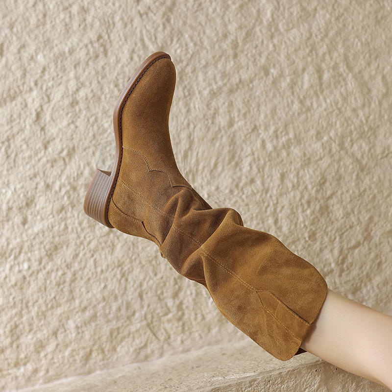 牛反皮~V口高筒长靴女大筒围褶皱堆堆靴时尚复古粗跟西部靴骑士靴,居家布艺,居家婚庆拖鞋,淘宝优惠券,粉丝福利购,淘宝优惠卷